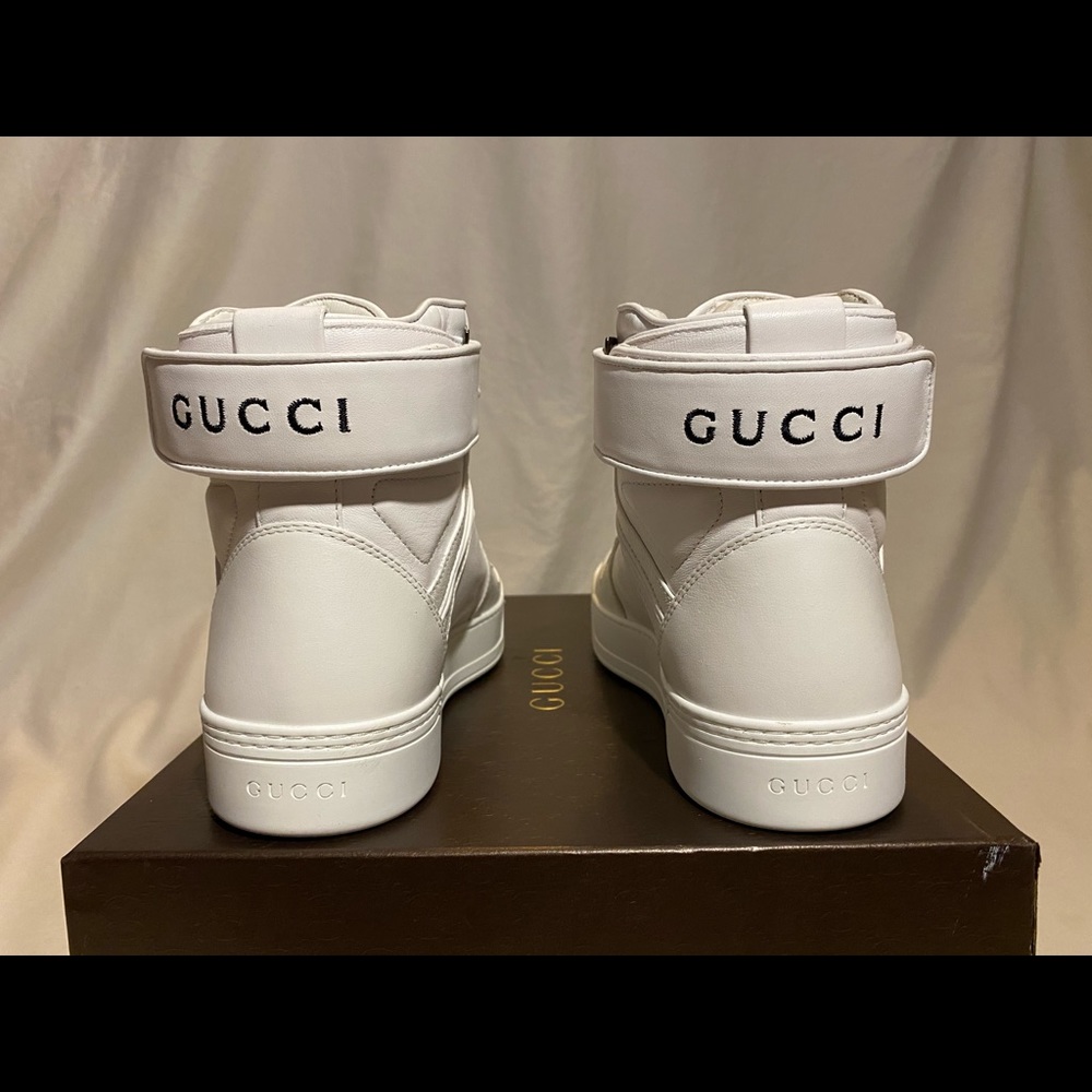 NEW $950 GUCCI CLASSIC WHITE BLACK HIGH TOP SHOES